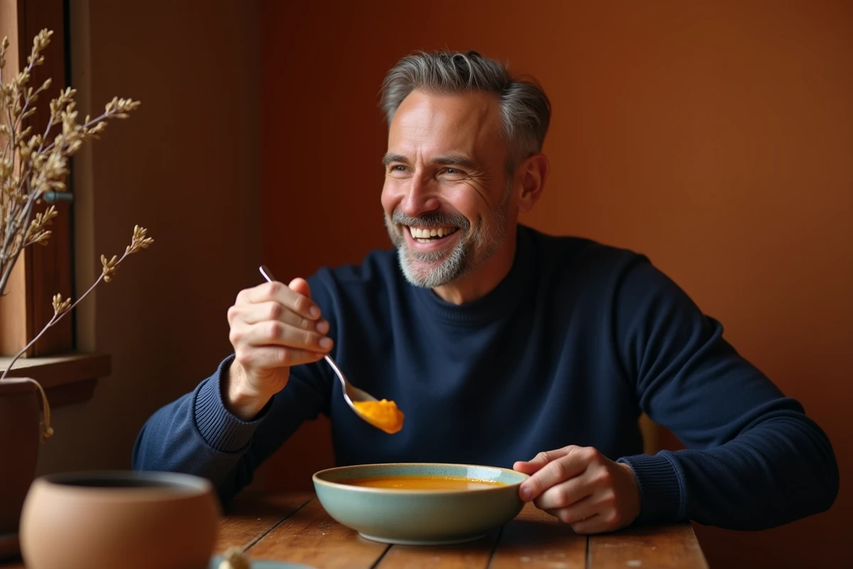 Homme dégustant une soupe de courge butternut dans un cadre chaleureux et automnal, illustrant un repas sain pour maigrir