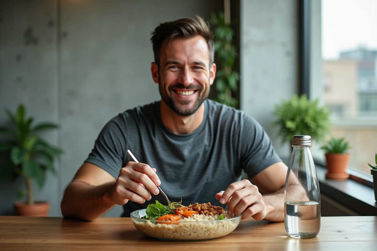 Homme sportif mangeant du riz complet avec des légumes après l'entraînement dans un appartement moderne