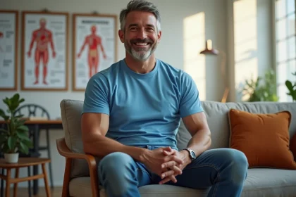 Homme souriant en t-shirt bleu dans un salon lumineux