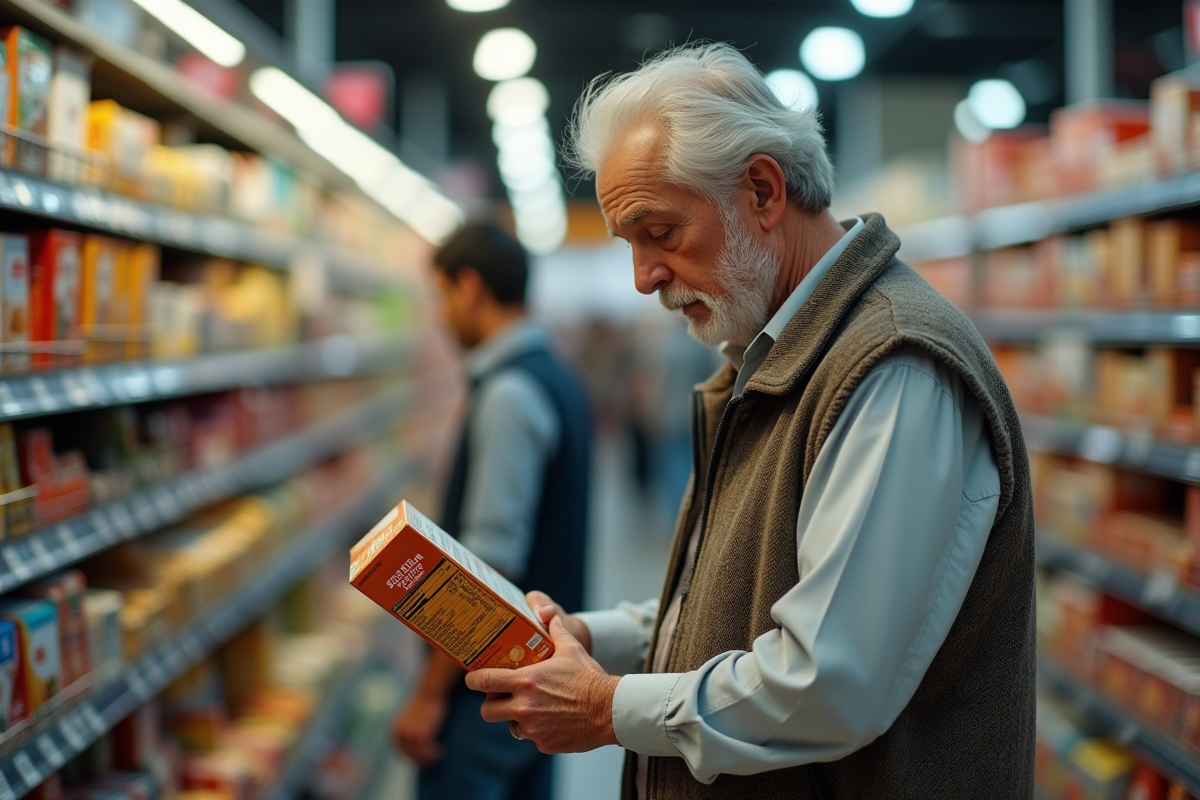 Homme âgé lisant étiquette dans un supermarché animé