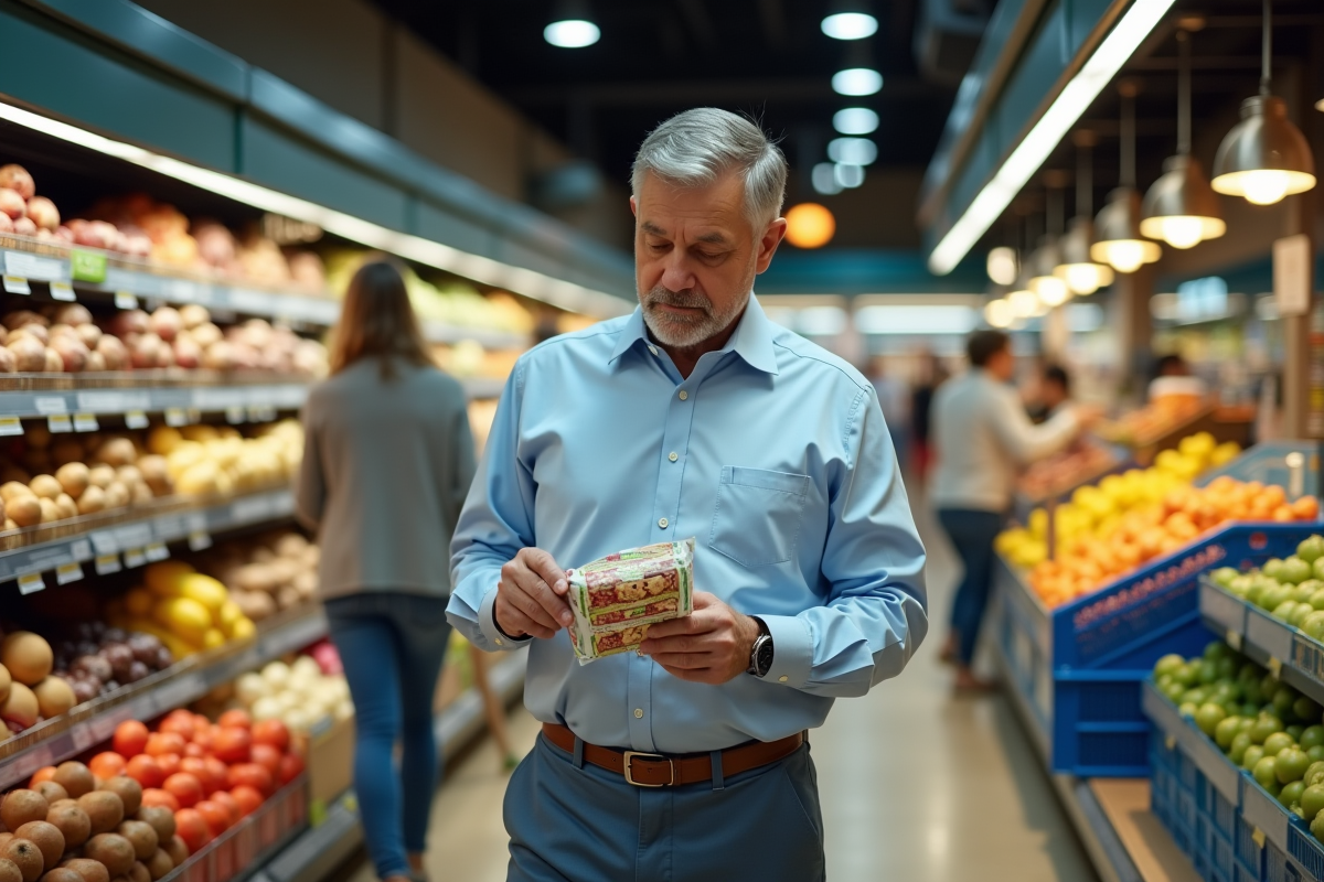 Homme examinant une étiquette nutrition dans un supermarché