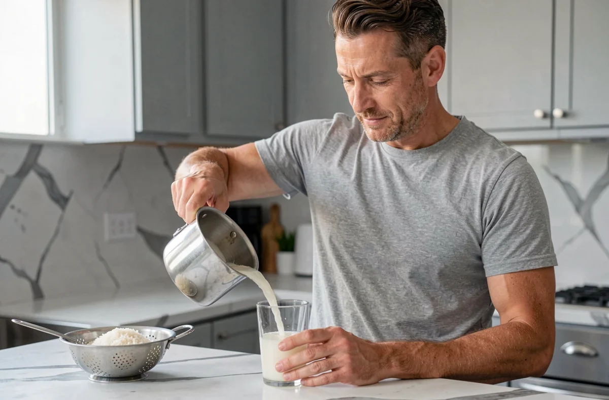 Homme versant de l'eau de riz chaude dans un verre depuis une casserole dans une cuisine moderne