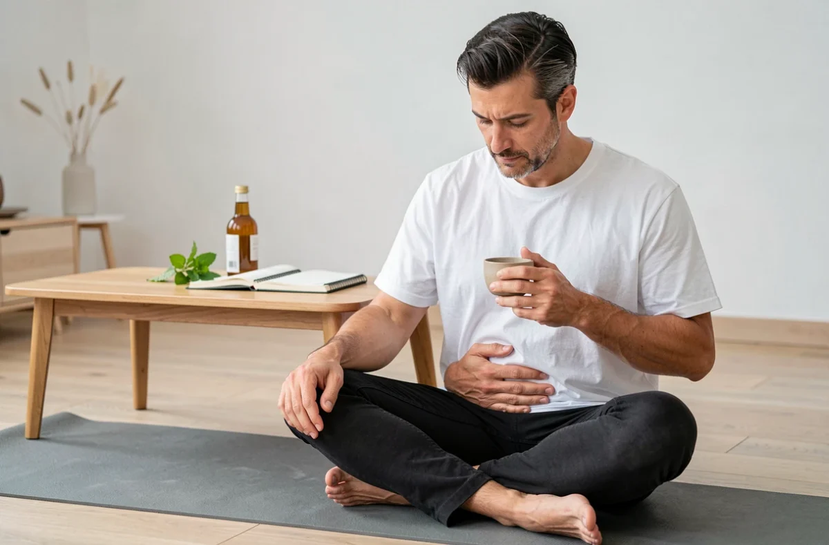Homme assis en tailleur sur un tapis de yoga tenant une tasse de boisson au vinaigre de cidre la main sur le ventre symbolisant le bien-être digestif et un ventre plat