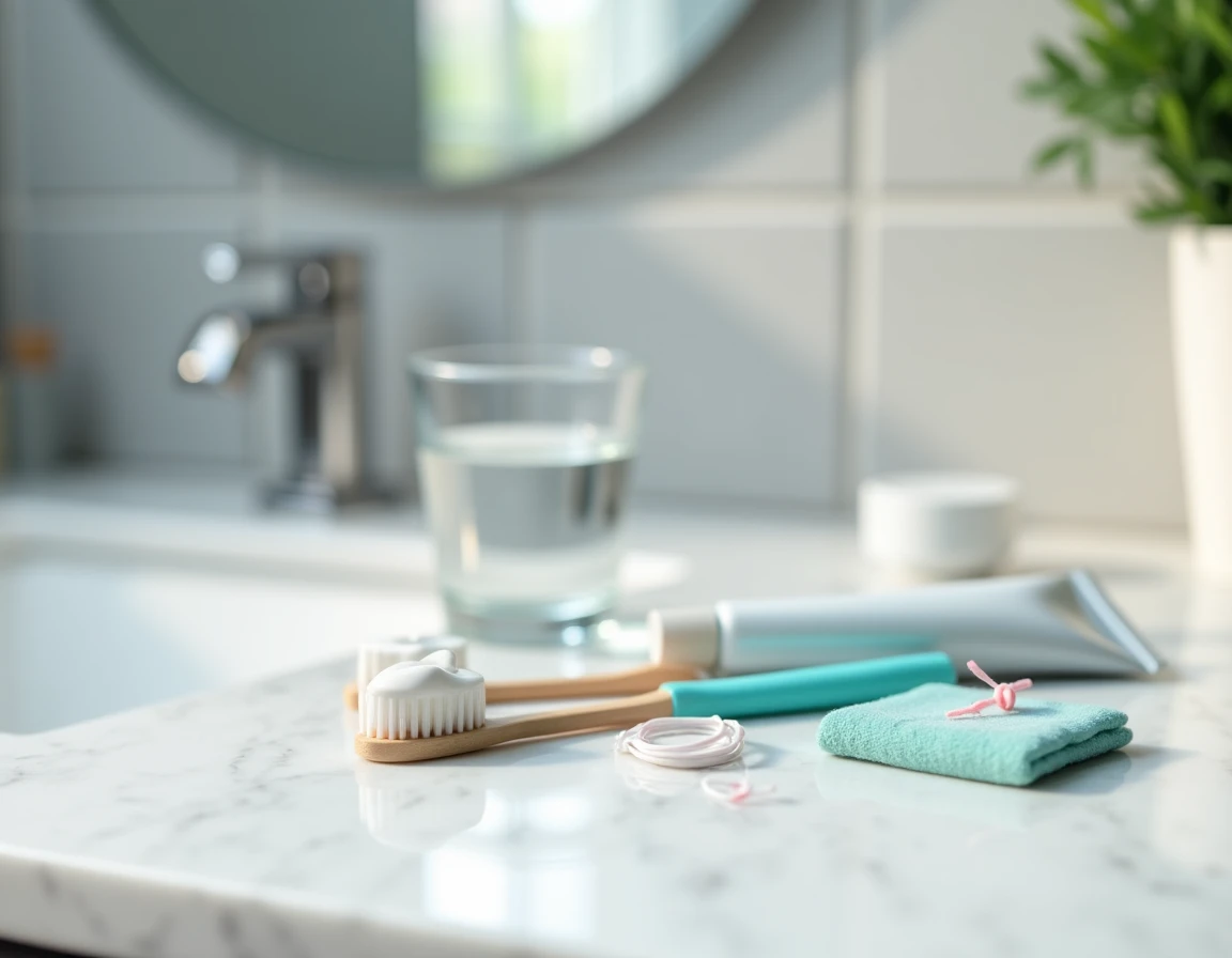 Accessoires d'hygiène buccale sur un comptoir de salle de bain, brosse à dents, dentifrice et fil dentaire