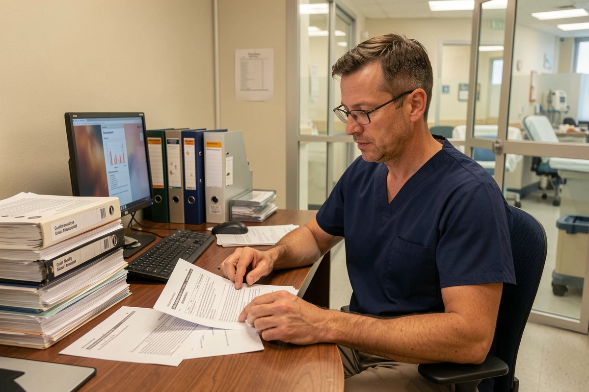 Infirmier masculin en reconversion professionnelle analysant des protocoles de soins qualité dans un bureau hospitalier, entouré de classeurs de management de la qualité