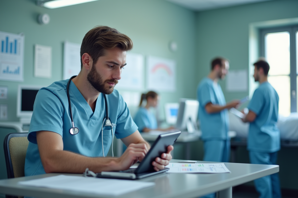 Infirmier français enregistrant des données sur une tablette dans un service