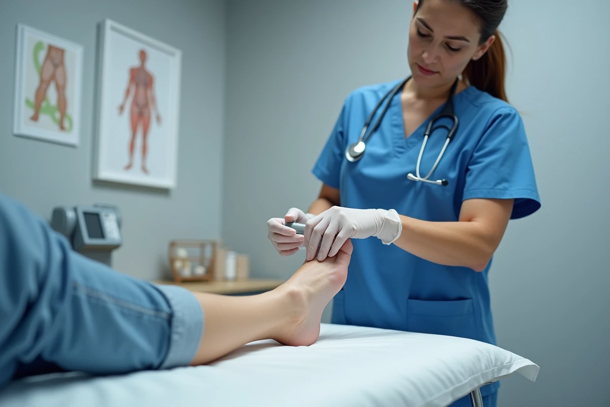 Infirmière en cabinet médical effectuant un examen clinique du dessus du pied d'un patient diabétique pour prévenir les complications