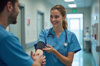 Infirmière française souriante prenant le pouls d'un patient