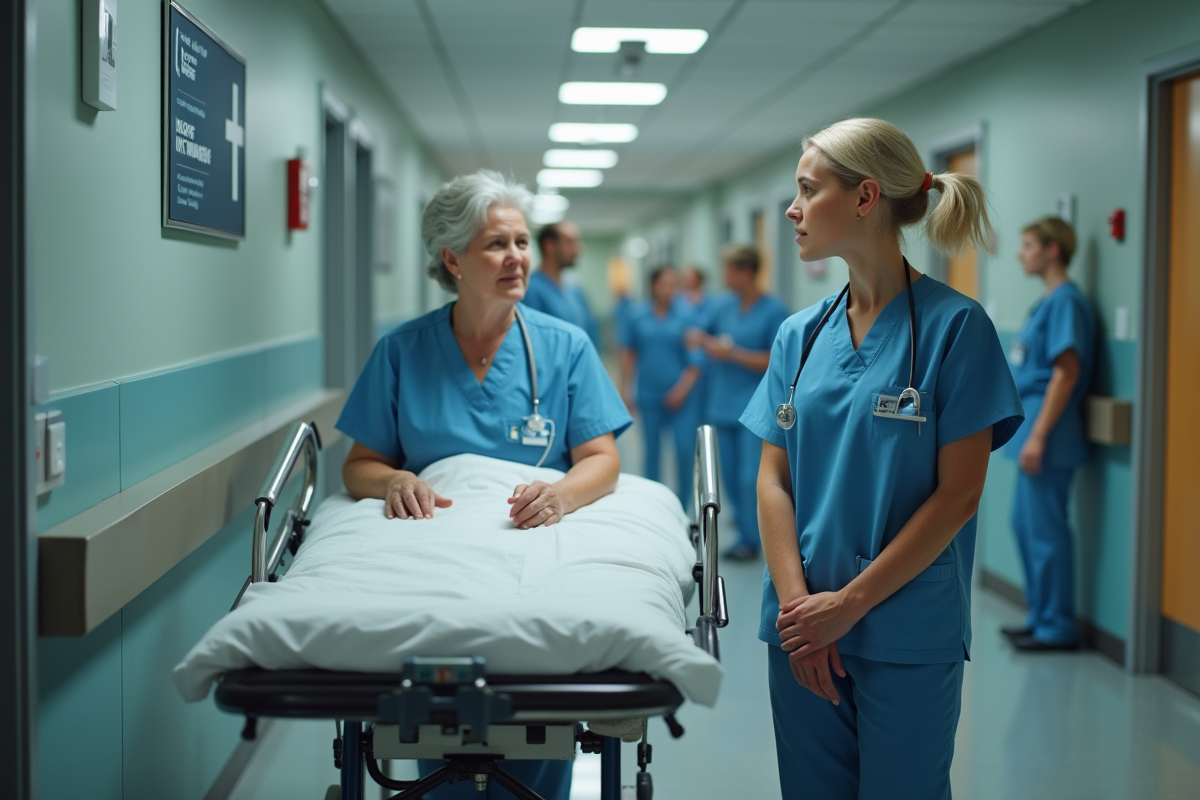 Infirmière en blouse discute avec une femme âgée à l