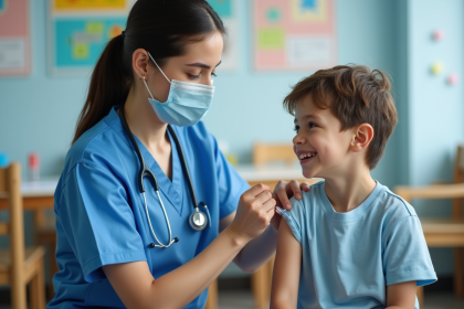 Infirmière en uniforme bleu vaccine un enfant souriant