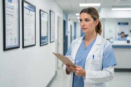 Infirmière qualité tenant un clipboard de documents d'audit dans un couloir d'hôpital moderne, illustrant la reconversion vers un poste administratif en soins infirmiers