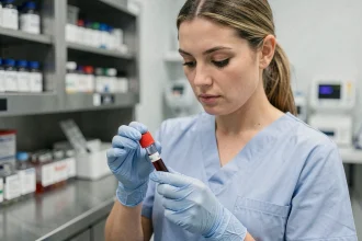 Infirmière tenant un tube d'échantillon sanguin en laboratoire médical, illustrant le volume de sang dans le corps humain