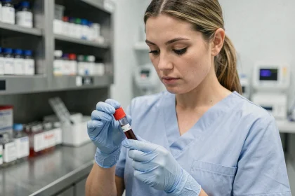 Infirmière tenant un tube d'échantillon sanguin en laboratoire médical, illustrant le volume de sang dans le corps humain