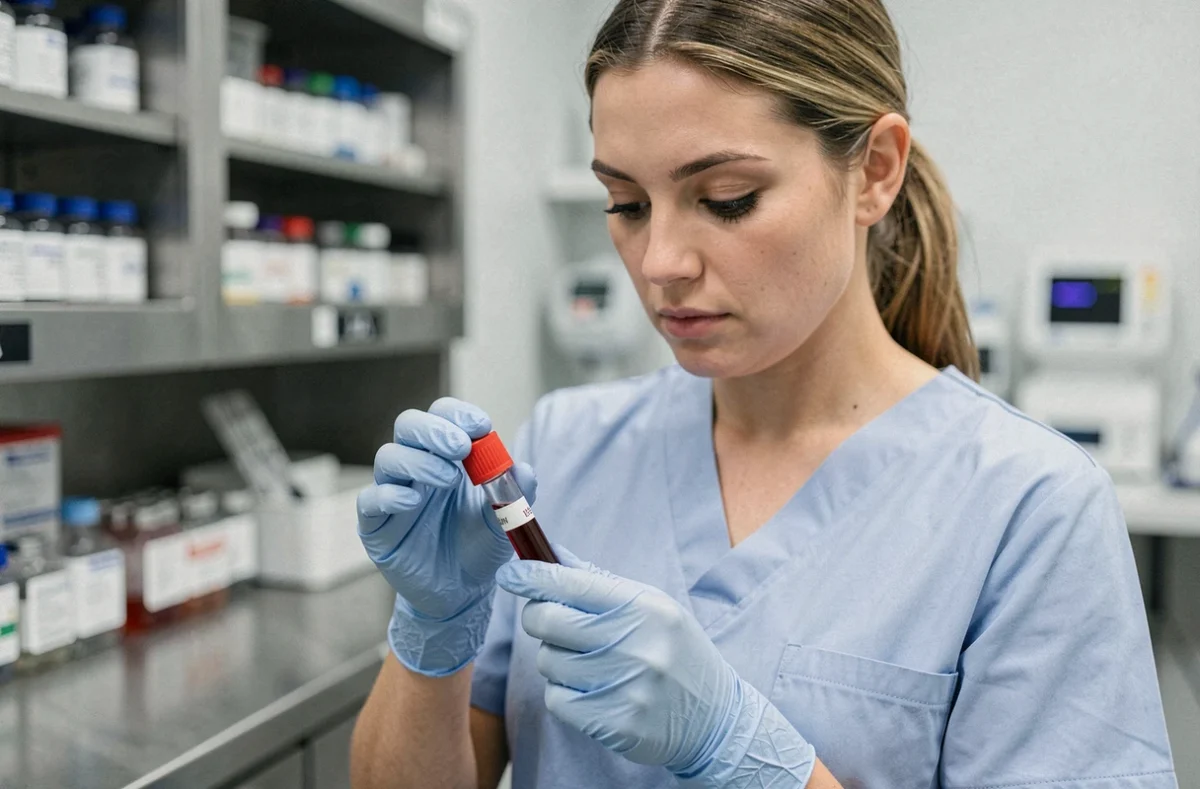 Infirmière tenant un tube d'échantillon sanguin en laboratoire médical, illustrant le volume de sang dans le corps humain