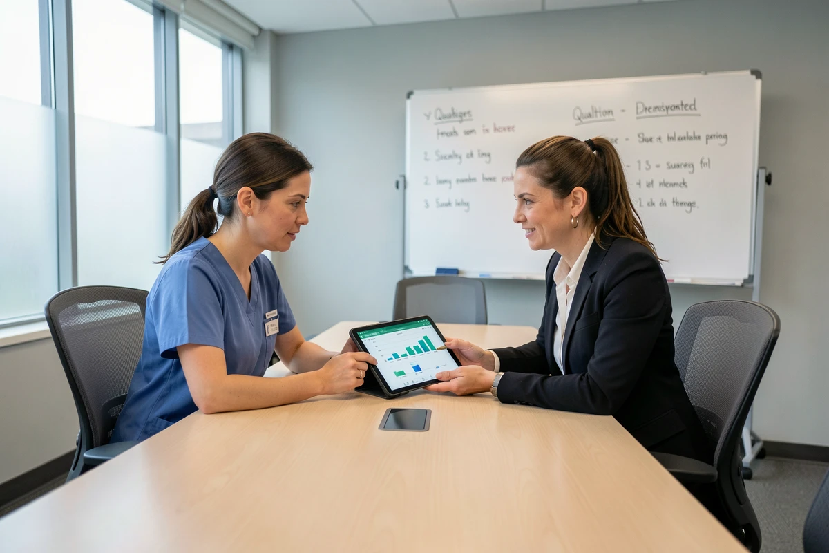 Deux infirmières collaborant sur une tablette affichant des indicateurs qualité dans une salle de réunion hospitalière, symbolisant la transition entre le terrain clinique et le rôle de coordinatrice qualité
