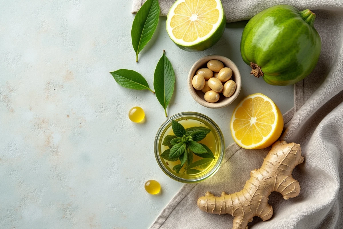 Ingrédients naturels minceur comme le thé vert et le garcinia pour un complément alimentaire