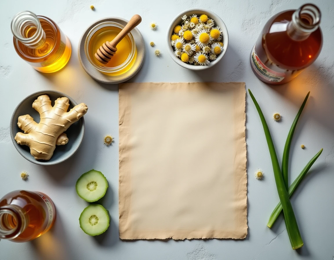 Vue du dessus d'ingrédients naturels contre le reflux gastrique : gingembre, miel, camomille, aloe vera et vinaigre de cidre sur un plan de travail en pierre