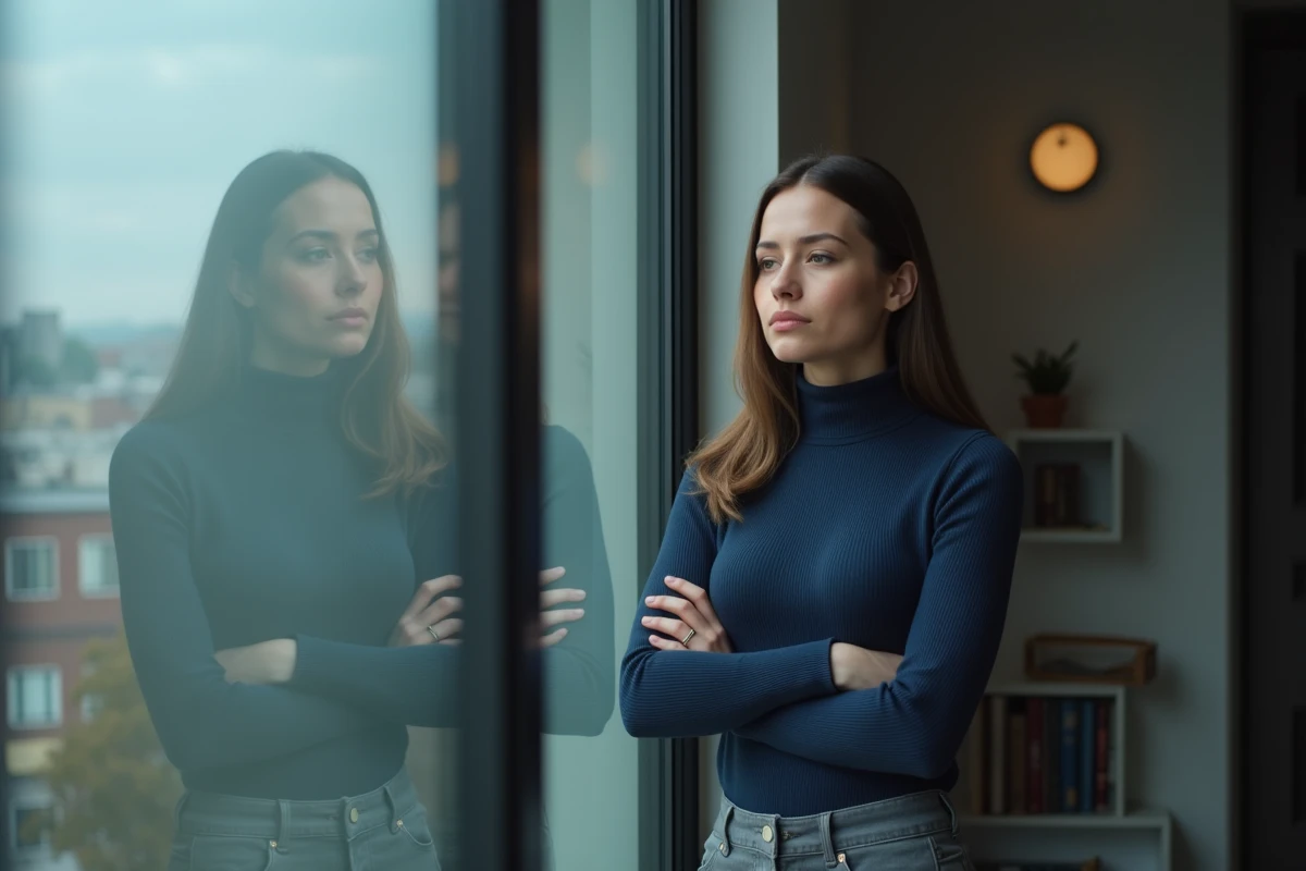 Femme debout près d'une fenêtre urbaine, bras croisés, reflet dans le verre, symbolisant l'introspection après une relation avec une perverse narcissique