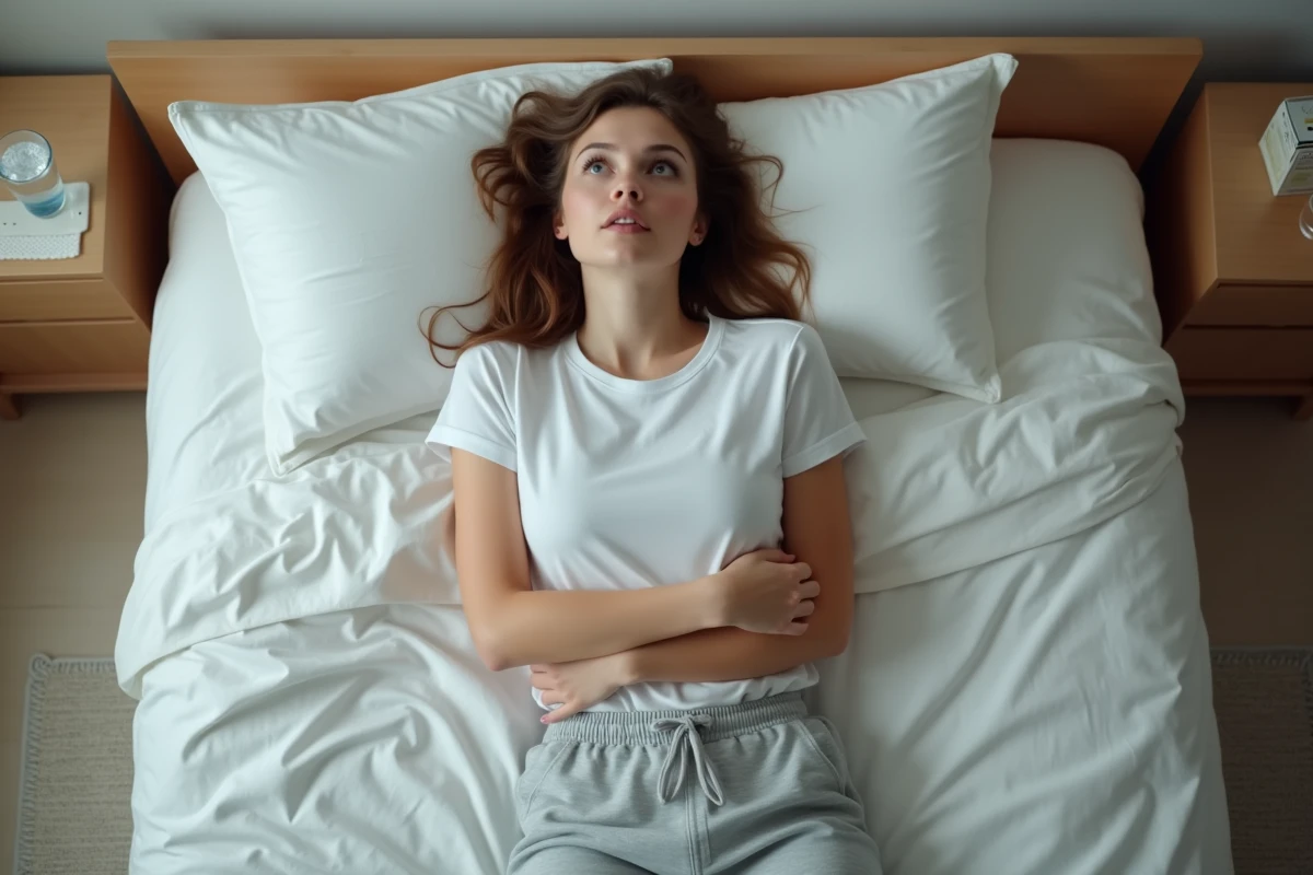 Jeune femme allongée sur son lit épuisée par les symptômes du Covid long et le brouillard cérébral