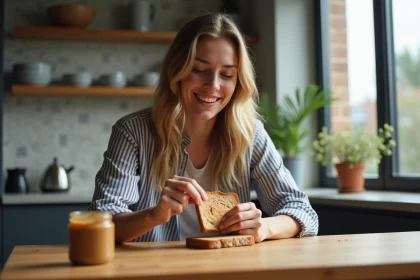 Jeune femme souriante d&eacute;gustant du beurre de cacahuete au petit d&eacute;jeuner