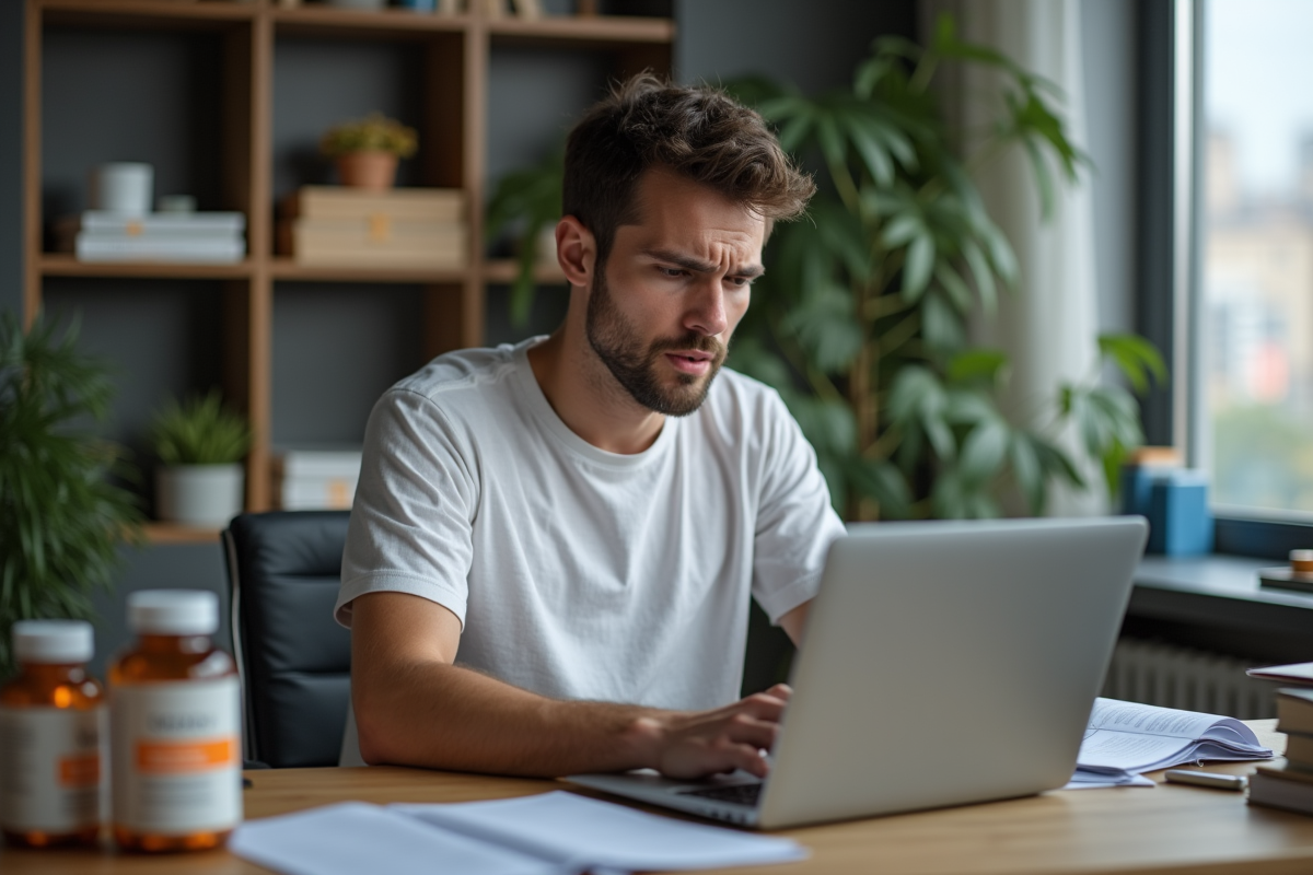 Jeune homme au bureau regardant des informations santé