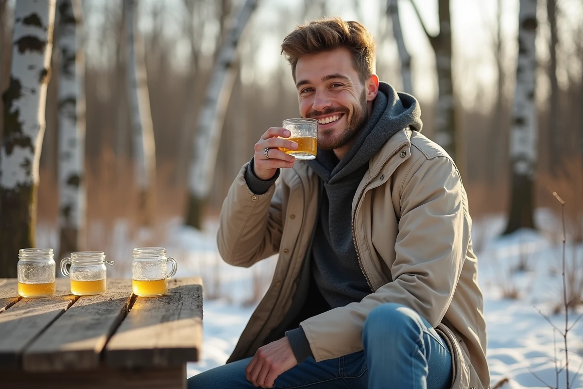 Jeune homme dégustant de la sève de bouleau à la campagne