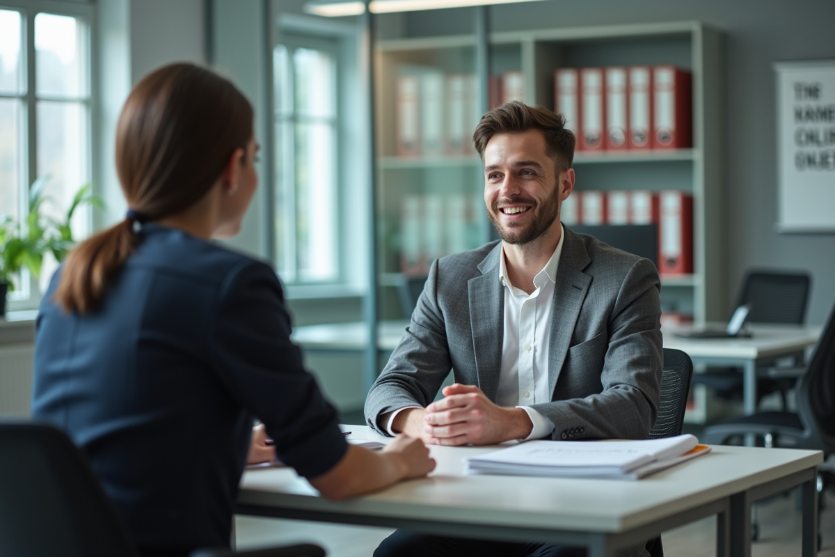 Jeune homme en discussion avec une assistante sociale au bureau