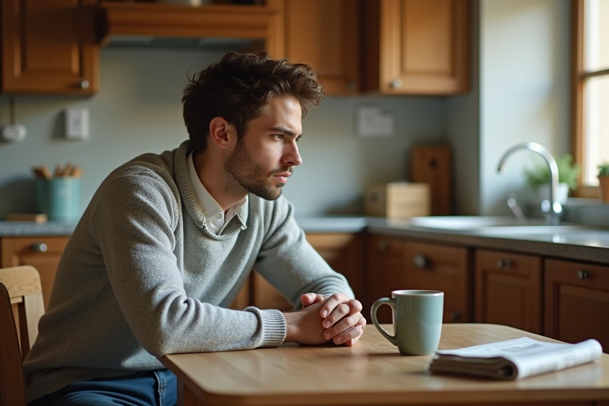 Jeune homme pensif assis &agrave; la table de cuisine