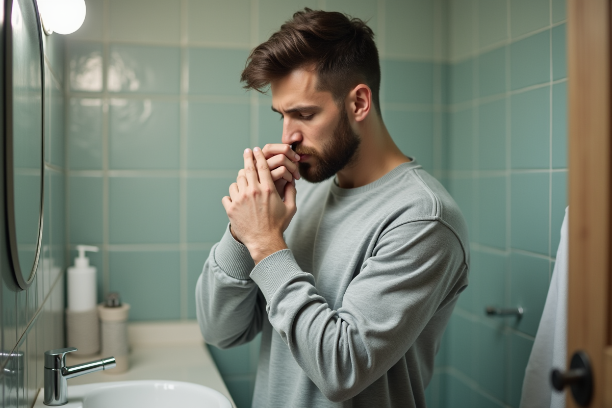 Jeune homme sentant son coude dans la salle de bain