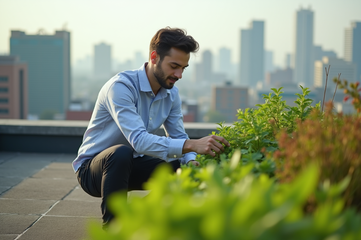 Jeune homme inspectant un jardin sur un toit urbain