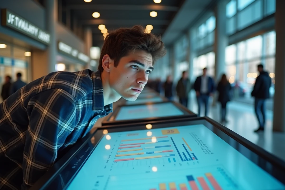 Jeune homme utilisant un kiosque avec graphique de longévité