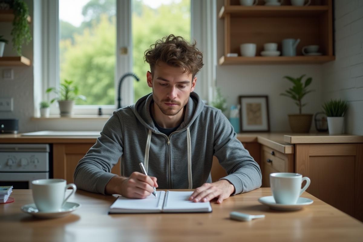 Jeune homme à la maison remplissant un journal de médicaments