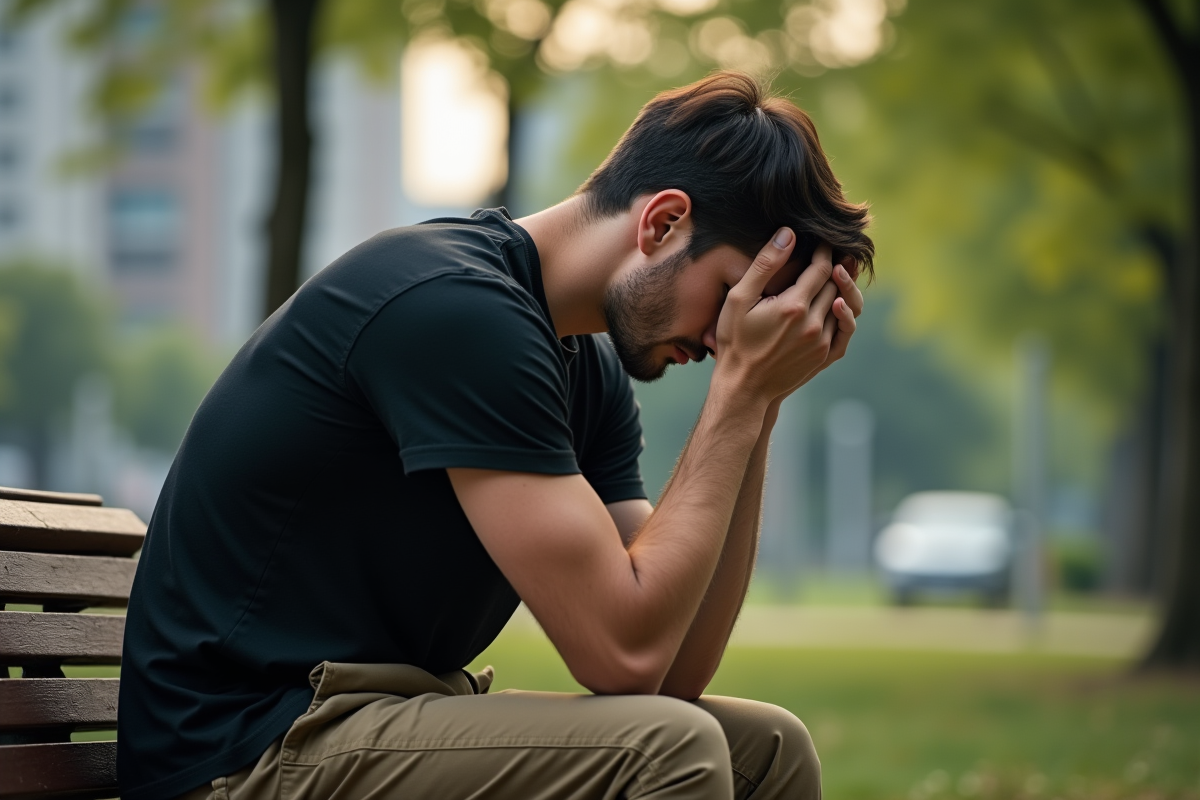 Jeune homme pensif sur un banc de parc