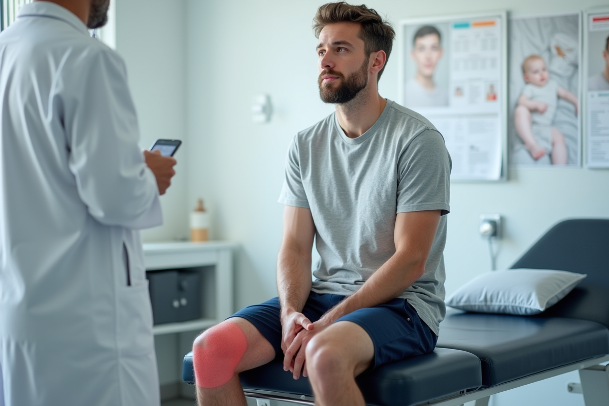 Jeune homme regardant ses jambes avec taches rouges