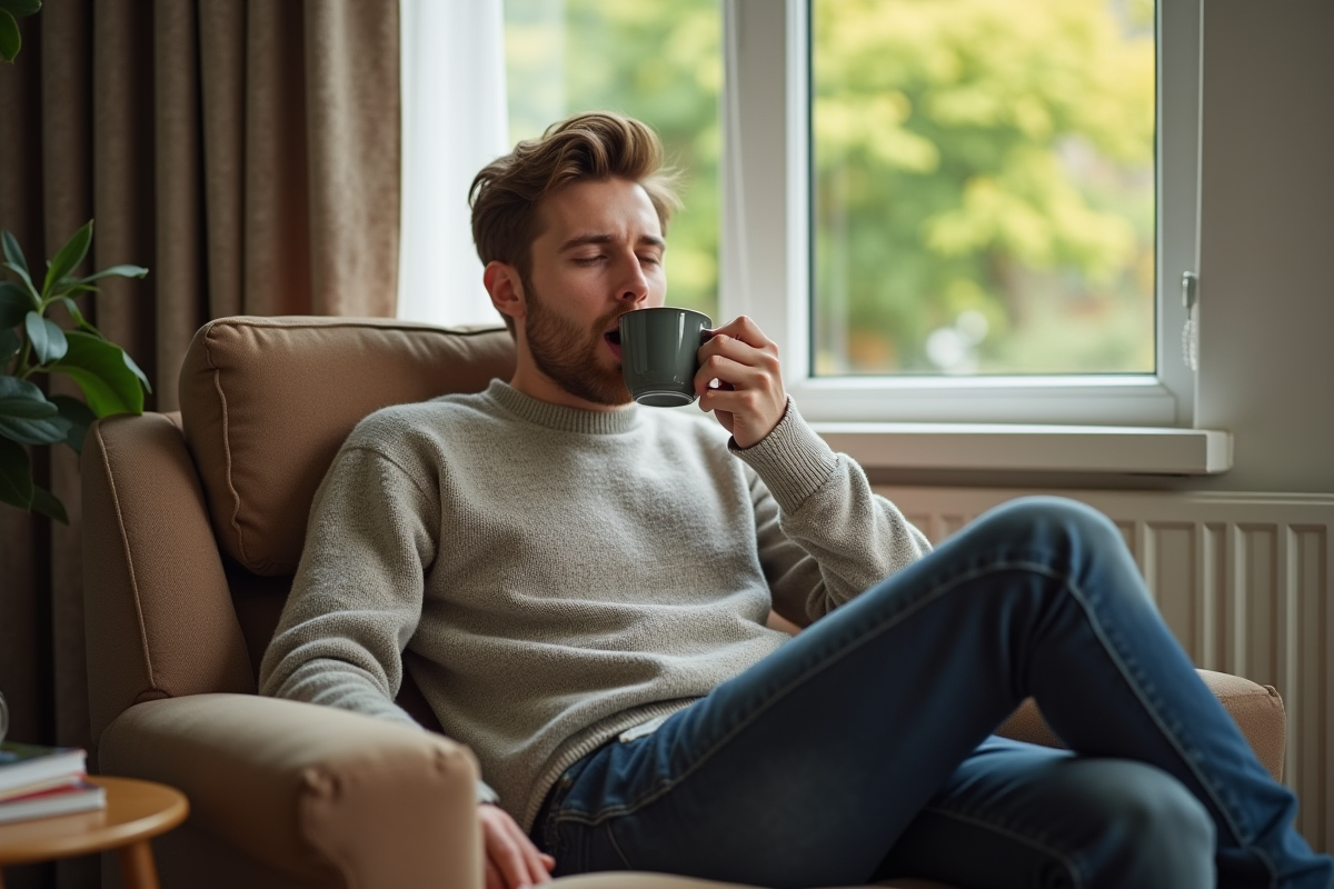 Jeune homme buvant une tisane dans un fauteuil