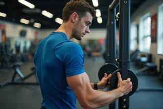Jeune homme en salle de sport ajustant une machine de musculation