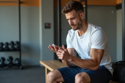 Jeune homme sportif assis dans une salle de sport moderne