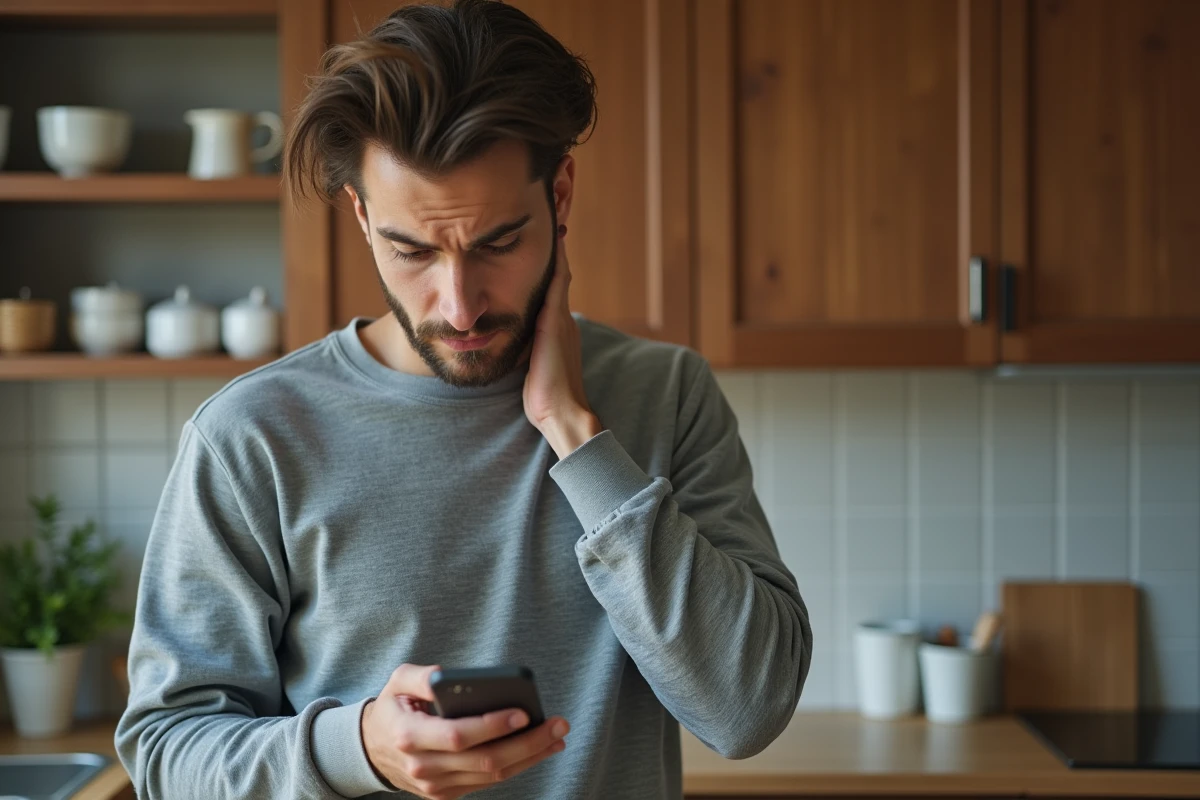 Jeune homme regardant son smartphone dans la cuisine