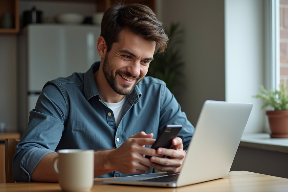 Jeune homme utilisant son smartphone pour lire un document numérique à la maison