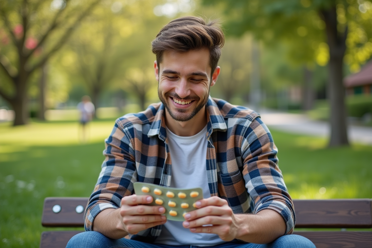 Jeune homme examinant un pack de vitamines dans un parc