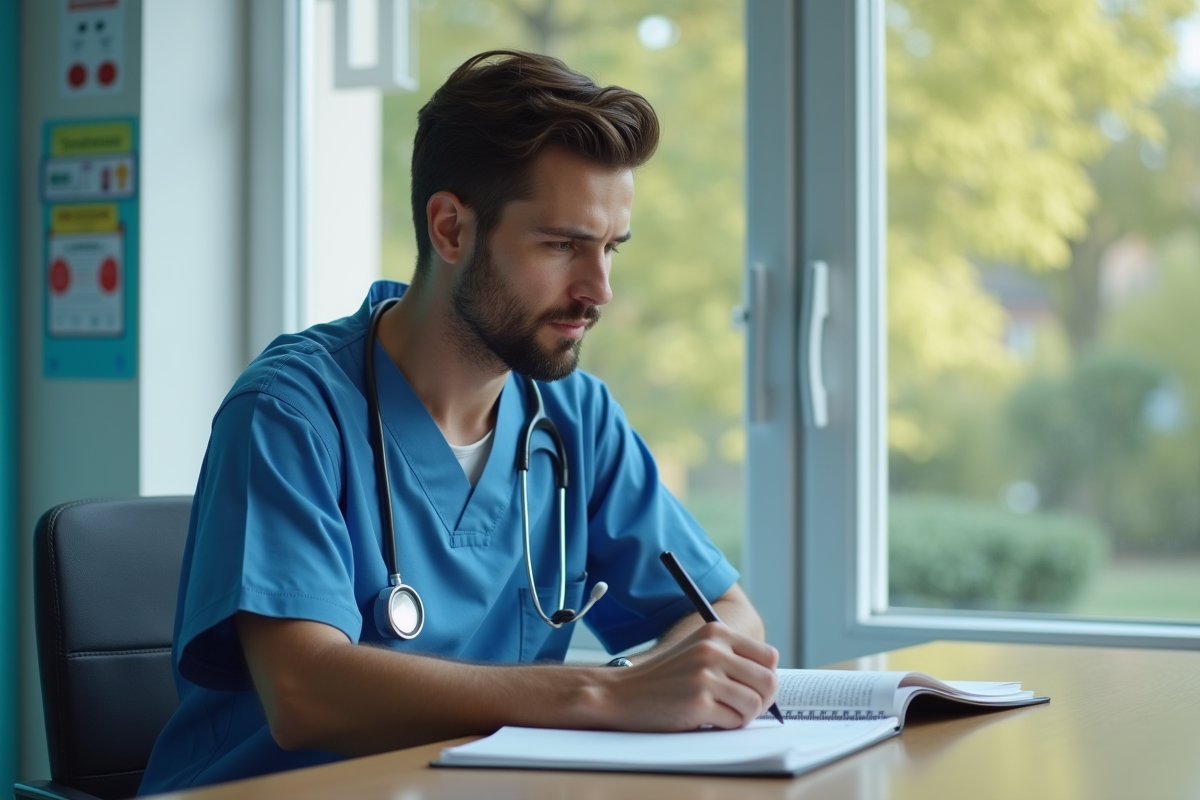 Jeune infirmier écrivant dans un registre dans une salle de repos
