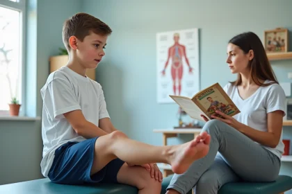 Gar&ccedil;on assis sur un banc de physioth&eacute;rapie dans une clinique