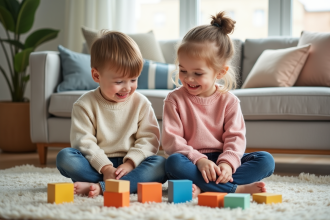 Jumeaux enfants jouant avec des blocs colorés dans un salon cosy