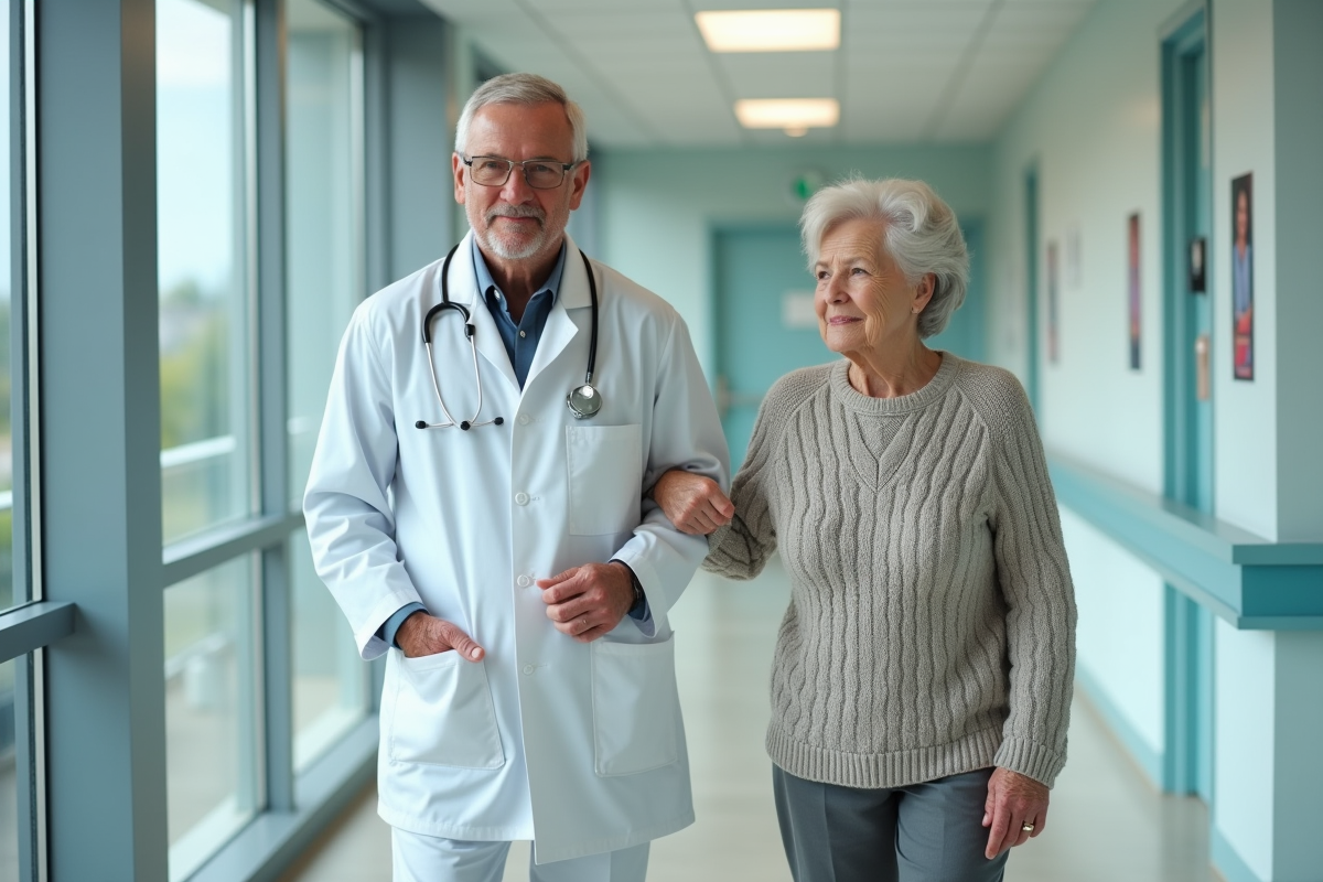 Femme âgée marchant avec un physiatre dans un couloir
