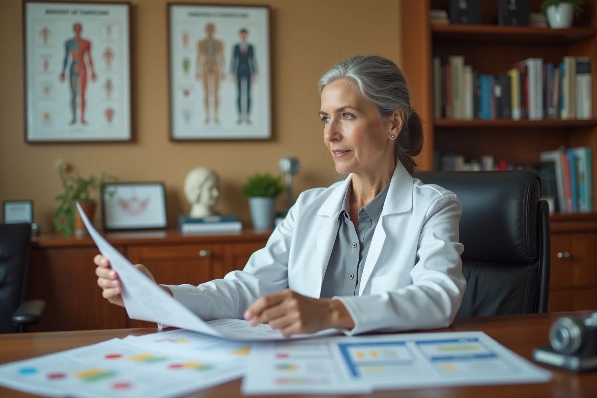 Médecin femme analysant des résultats d'analyses sanguines liés au groupe sanguin donneur universel et aux maladies auto-immunes