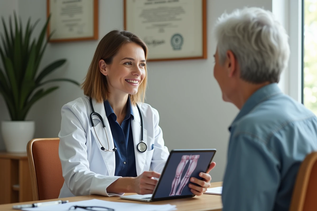 Médecin expliquant à une patiente diabétique les risques d'artérite et d'obstruction des artères des jambes