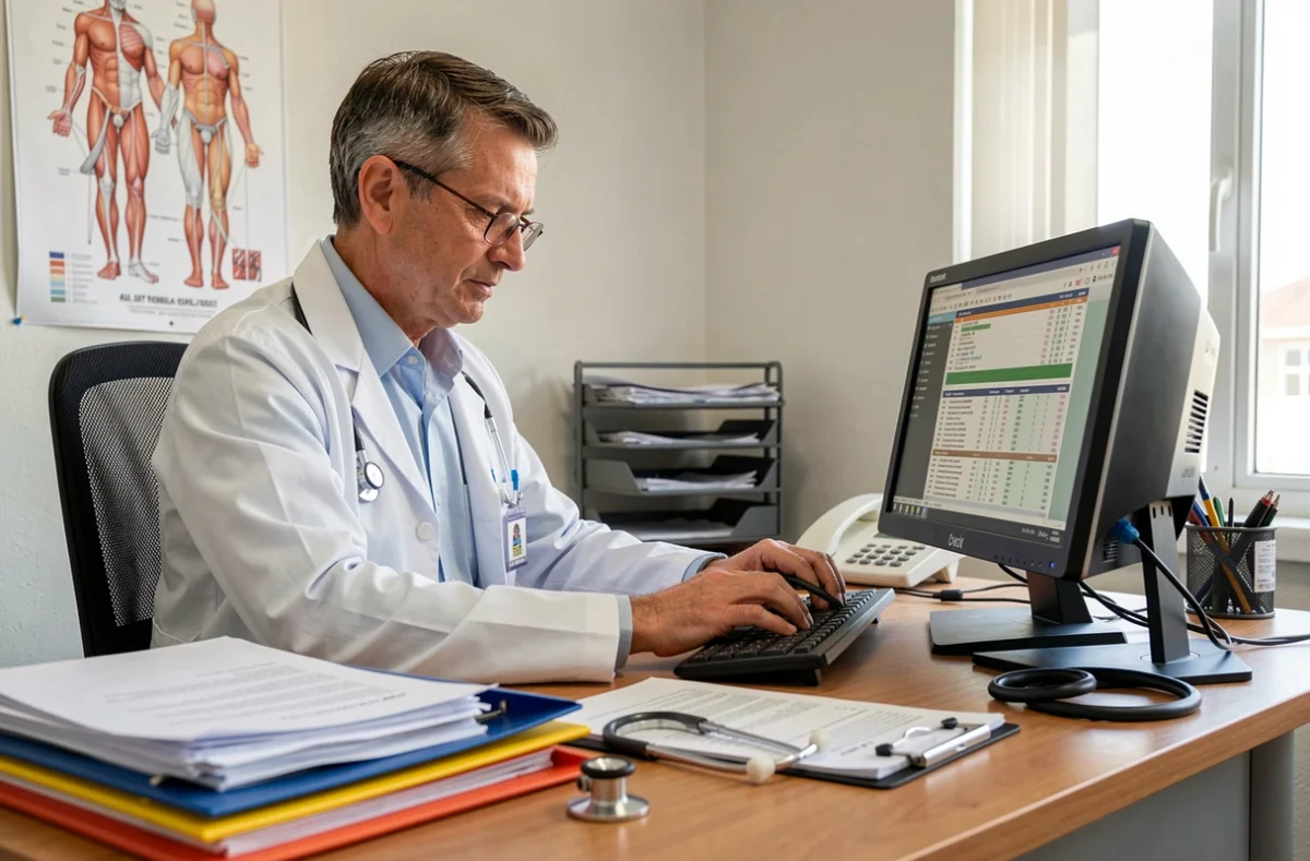 Médecin généraliste analysant des résultats de prise de sang avec une ferritine à 6 ng/ml dans son cabinet