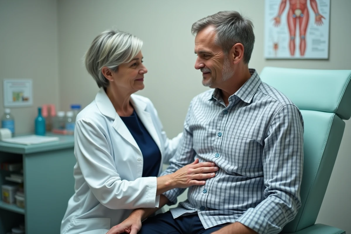 Médecin femme examinant les côtes d'un patient masculin en consultation, illustrant le diagnostic médical d'une douleur de côte flottante