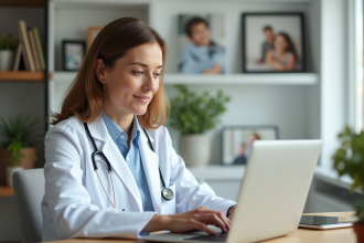 Medecin femme en teleconsultation dans un bureau lumineux
