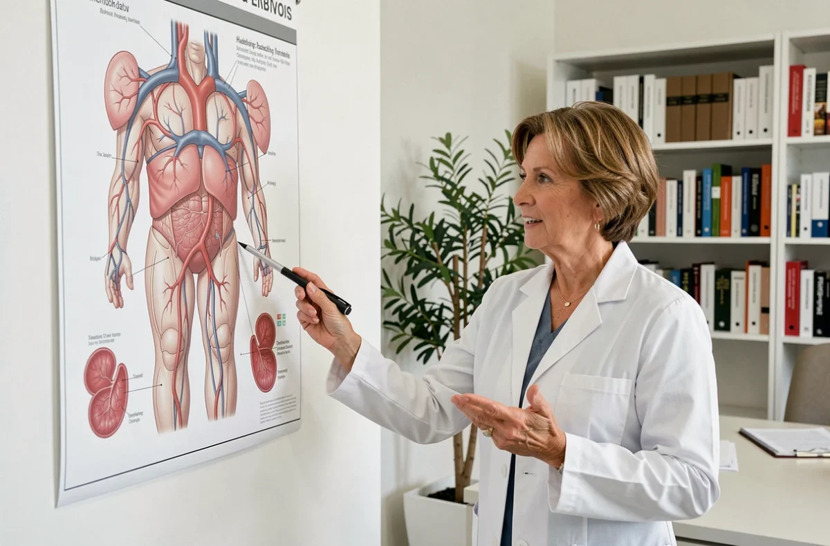 Médecin expliquant le système circulatoire humain et le volume sanguin devant un schéma anatomique dans un cabinet médical
